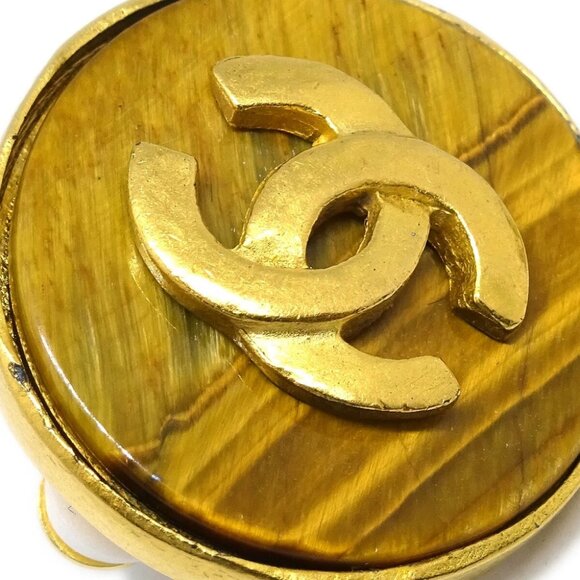 Chanel Button Earrings Clip-On Brown Gold 95A - Picture 2 of 4